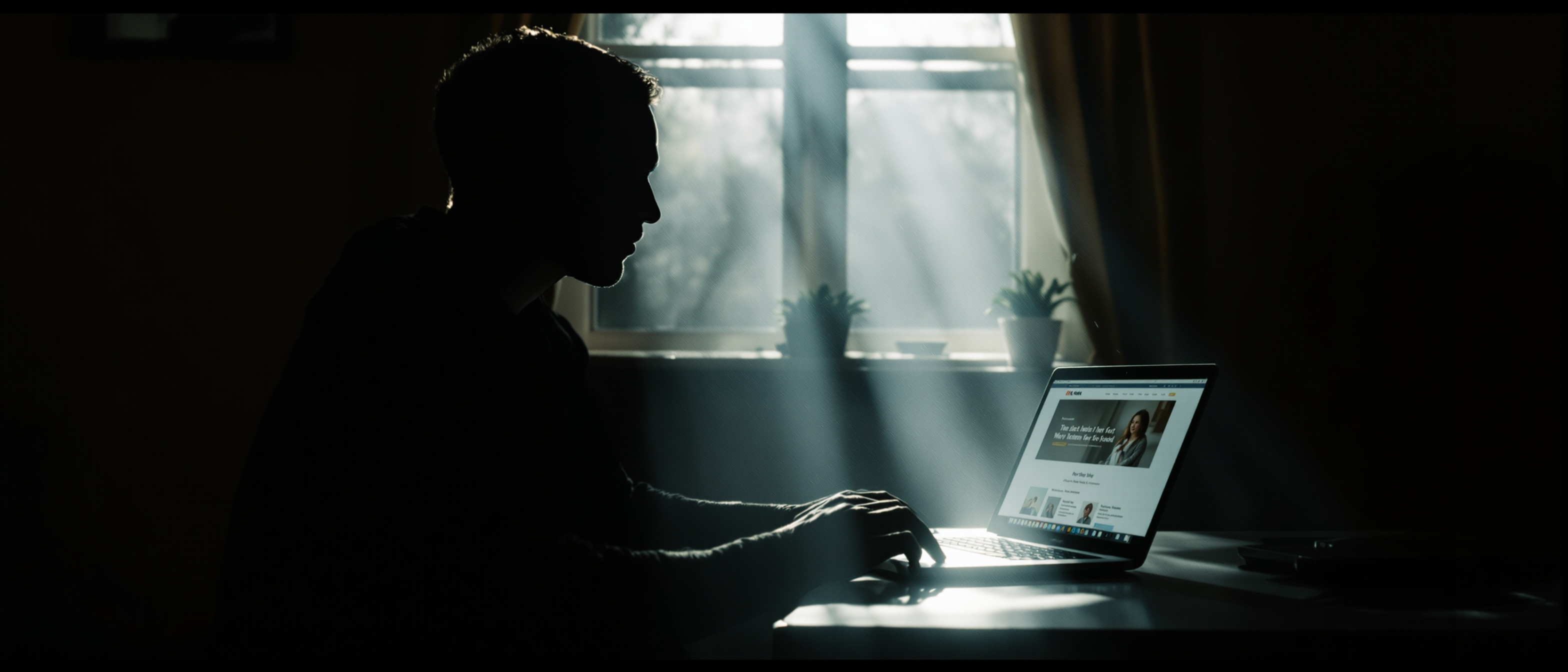 ضوء الصباح يدخل من النافذة ولابتوب مفتوح على موقع مكتمل
